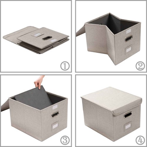 PRANDOM File Organizer Box - Set of 4 Collapsible Decorative Linen Filing Storage Hanging File Folders with Lids Office Cabinet Letter Size Light Grey (15x12.2x10.75 inch)