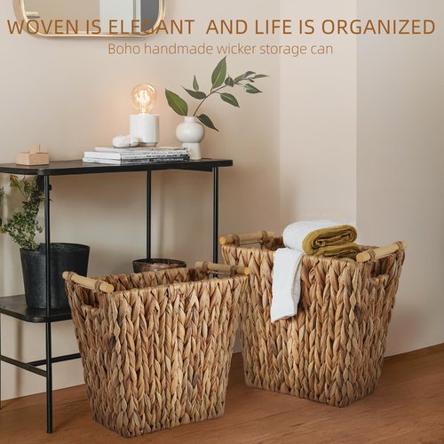 XLHOMO 2Pack Wicker Storage Basket 3.5Gallon Wicker Trash Can, Waterproof Wicker Basket Handwoven Brown Wicker Basket Narrow Small Trash Can for Bathroom, Bedroom, Office
