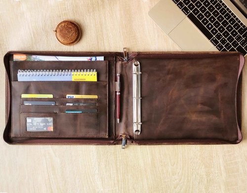 3 Ring Check Binder, Genuine Leather Check Book Portfolio for 3 Holes Checks or 9 Holes Checks, Fits 3-on-a-Page Business Checks, Check Book Binder for 11 1/4"x9", Crazy Horse Leather Dark Khaki