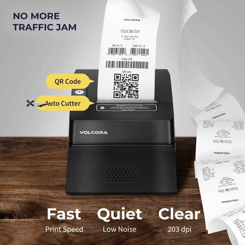 Volcora Thermal Receipt Printer, 80mm USB/Ethernet POS QR Code Printer with Auto Cutter for Cash Drawer/ESC/POS, Compatible with Android/Windows/Linux, Retailer, Restaurant Use, Wall Mount, Black