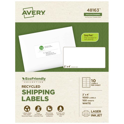 Avery EcoFriendly Recycled Shipping Labels, 2" x 4", White, Permanent Adhesive, Laser & Inkjet Printers, 1,000 Total, Great for Shipping and Mailing, Product Merchandising, and More (48163)