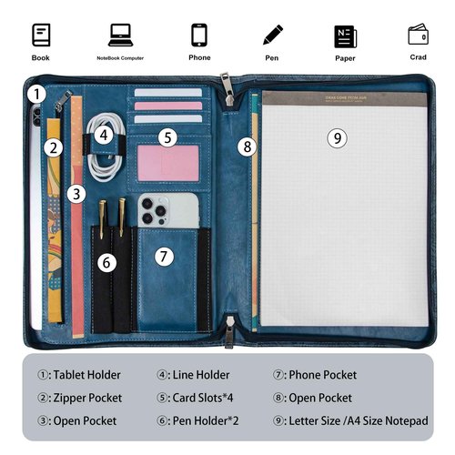 Embossed Vegan Leather Portfolio for Women,Professional Organize Padfolio with A4 Notepad Holder,Professional Business Document Organizer for Women (Blue)