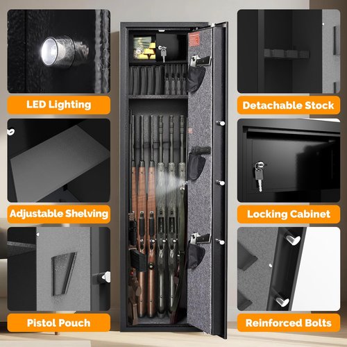 Marcree 8-10 Gun Safe for Rifles - 57.1" Quick Access Biometric Safe, Fingerprint & Digital Keypad Rifle Cabinet, Heavy Duty Steel Gun Storage for Pistols Shotguns, LED Light