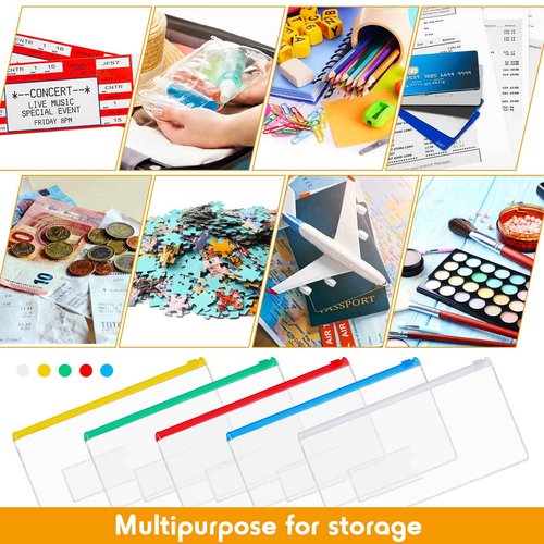 Zhehao 200 Pcs 200 Pcs Poly Zip Envelopes Bulk, A6 Size Clear Plastic Pencil Pouch with Label Zipper, 9.2 x 4.7 Inch Reusable Bill File Bag for Cash, Money, Christmas OCC Shoeboxes Gifts (Multicolor)