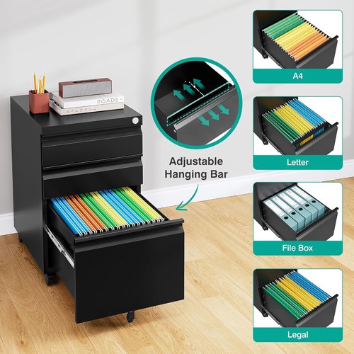 Regine Switzerland 3 Drawer File Cabinet - Lockable Rolling Metal Filing Cabinet in Black | Fits A4/Letter/Legal Files