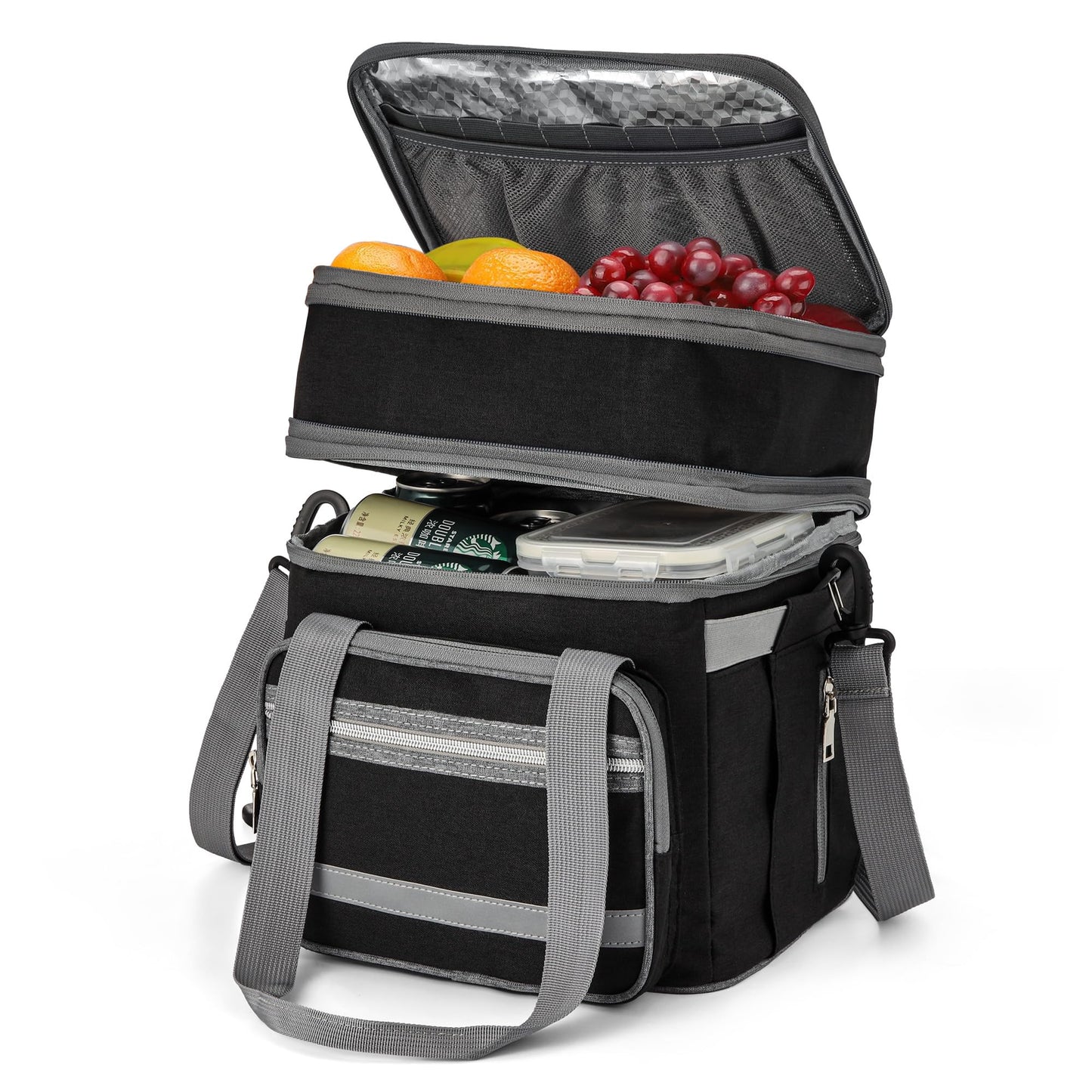 EXLIFBAG Lunch Box for Women, Insulated Double Deck Lunch Bag for Adults, Leakproof Cooler Lunchbox for Men with Adjustable Shoulder Strap, Black