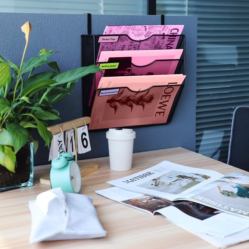 3 Pockets Mesh Wall File Holder Organizer Office Hanging File Folder Magazine Rack, Nametag Label Hooks Set Included (Black)