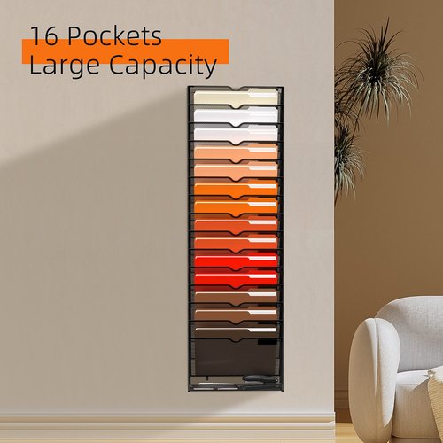 SUPEASY 16-Tier Hanging Wall File Holder Organizer for Papers, Folders, Files Clipboard & Magazine Organization Great for Office Home, Black