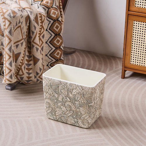 Rustic White Tropical Leaves Carved Small Bathroom Trash Can 2.5 Gallon(9 Liter), Resin Heavy Sturdy Kitchen Garbage Can,Living Room Bedroom Trash Can, Decorative Wastebasket for Home, Garden, Office