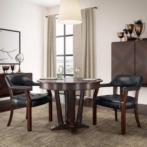 LEEMTORIG Set of 6 Faux Leather Dining Chair with Arms, Dining Chair with Supportive Back, Game Poker Table Chairs, Boss Caption's Chairs Office Desk Chairs, Cherry Walnut Legs & Black PU NX173D