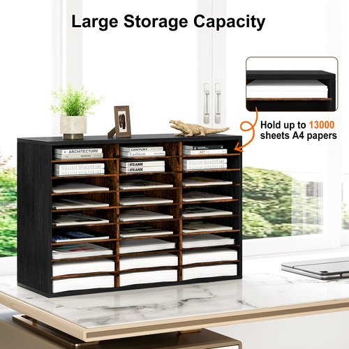 Alpeir Mail Organizer Countertop, 27 Slots Wooden Desk File Literature Sorter, Adjustable Paper Storage Shelves Document Holder, Space Saving Desktop Mailbox for Office Classroom, Black/Rustic Brown