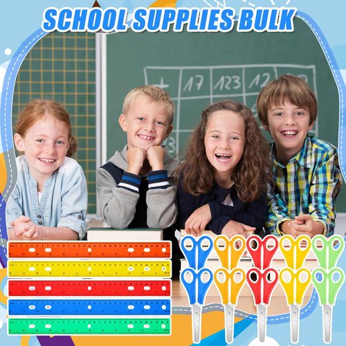 MotiMind 180 Pcs School Supplies Bulk with Safety Blunt Tip Student Scissors 12 Inch Plastic Rulers Back to School Kit for Student Classroom Office