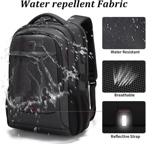 DUSLANG 17-Inch Water-Resistant Laptop Backpack - Travel-Friendly Design with USB Charging Port | Black