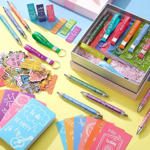 Pasimy 194 Pcs Inspirational Gifts Set Party Favor Motivational Mini Notepad Pen Positive Magnetic Bookmark Card Keychains Stickers Organza Bags for School Office Stationery Appreciation (Classic)