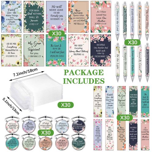 Jetec 150 Bible Verses Gift Set for 30 Christian Bookmarks 30 Scripture Ballpoint Pens 30 Christian Notebooks 30 Bible Verse Keychain 30 White Organza Bags for Women Men Office Church(Flower)
