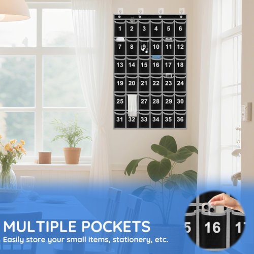 ZKOO Numbered Classroom Sundries Closet Pocket Chart, Cell Phones Calculator Holder, Wall Door Hanging Organizer With 4 Door Hooks (36 Pockets Black Grey)