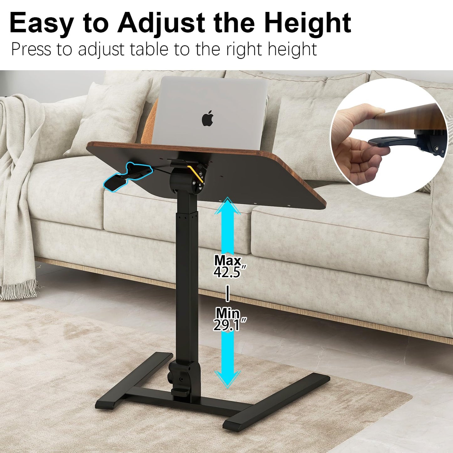 PUNCIA 25 Inch Mobile Folding Desk, Pneumatic Sit-Stand, No Assembly Required Computer Cart, Adjustable Height Laptop Table, 0-90° Tilt Top for Home Office, Small Space, Bedroom and Dorm, Retro