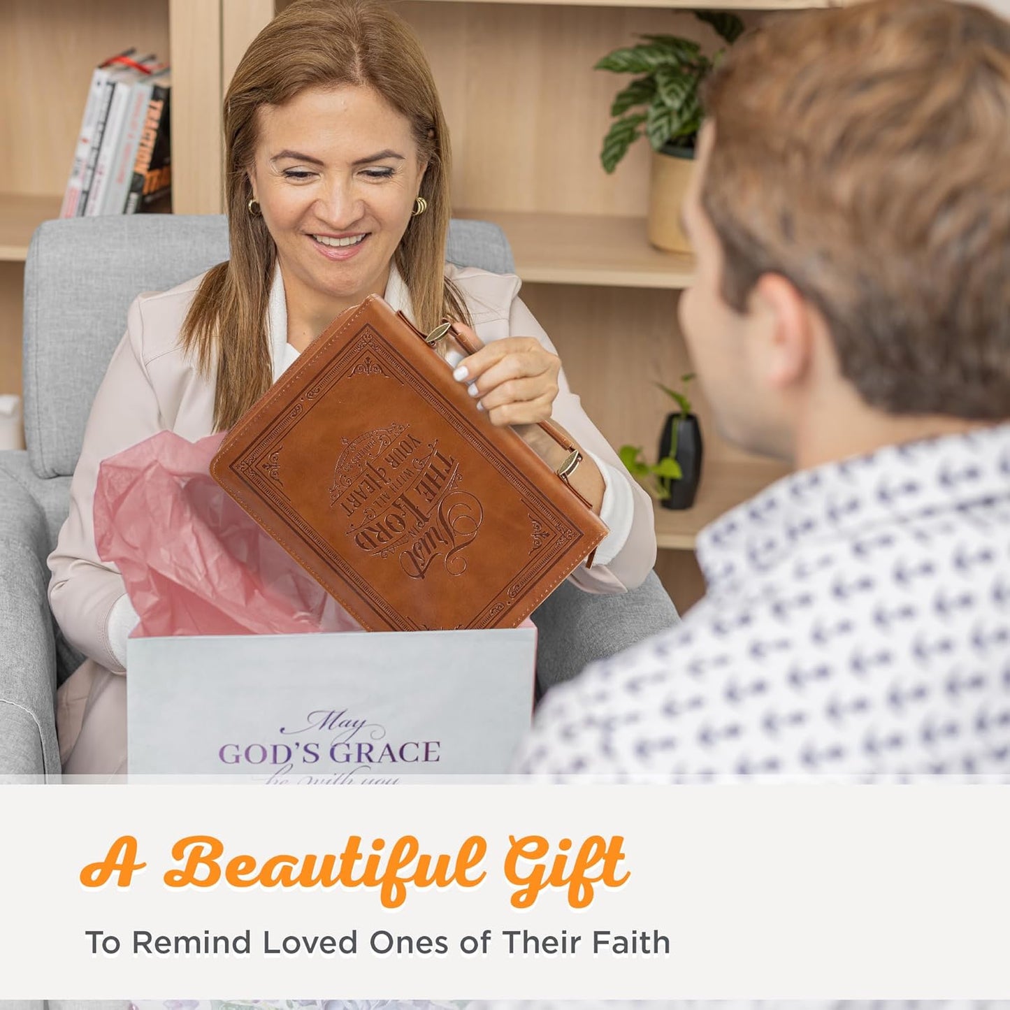 Christian Art Gifts Vegan Leather Bible Cover - Inspirational Trust in the Lord Verse, Medium Brown, Easy Carry Design