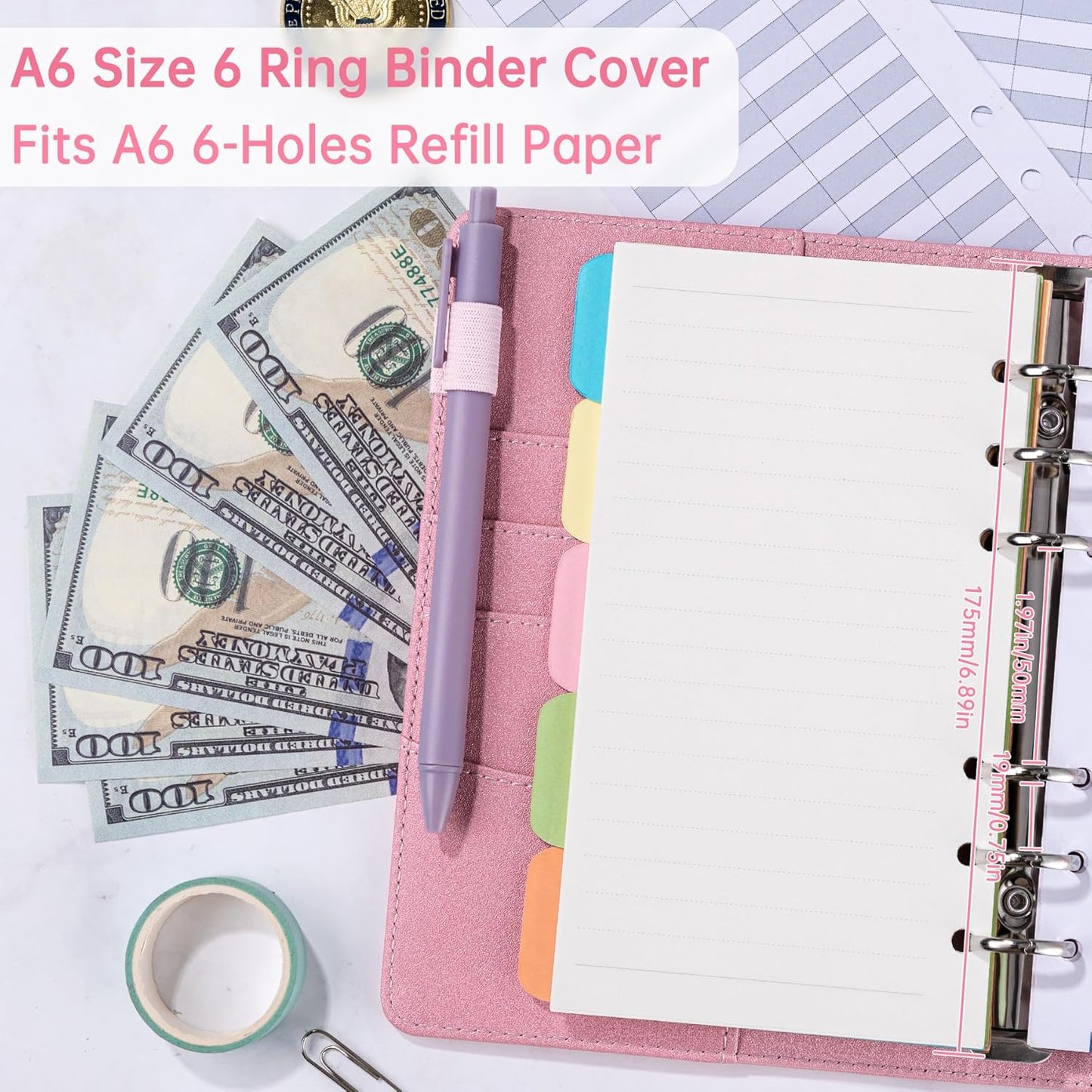 Antner A6 Notebook Binder - Refillable 6 Ring Budget Planner Organizer in Glitter Pink with Magnetic Buckle