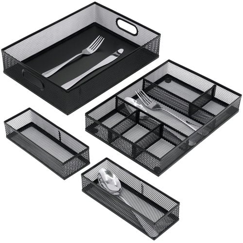 Neudeco Desk Drawer Organizer with 6 Adjustable Dividers, Metal Pen organizer for desk drawer,Mesh Office Desk Drawer Organizer Tray for office supplies (Pack 4, Black)
