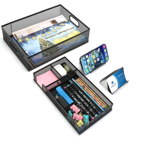 Drawer Organizers, 3 Sets Metal Mesh Desk Drawer Organizer Trays, 2 Desktop Organizers with 2 Pcs Phone Brand Card Holders, Desk Drawer Box Tray for Office, Bathroom, Kitchen, Makeup, Vanity