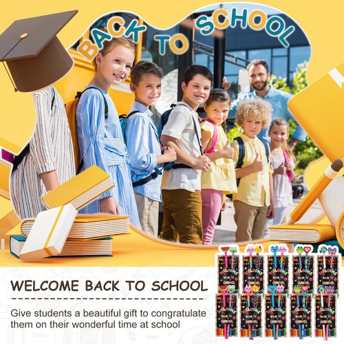Back to School Supplies Gifts for Students, 48 Pcs Welcome Back to School Pencils with Cartoon Animal Pencil Erasers Toppers, 24 Pcs Cards, 24 Pcs Clear Bags Backk to Schol Stuff First Day of Sch
