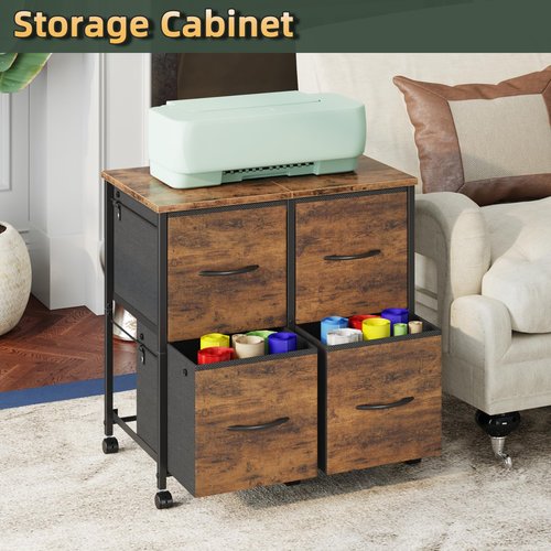 HIGDBFE 4 Drawer Lateral File Cabinet, Mobile Filing Cabinet for Large Printer, Home Office Functional Small Office Storage Cabinet & Printer Stand, Fabric Drawer, Fits Letter/A4, Rustic Brown