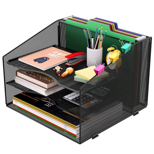 EasyPAG Mesh File Organizer for Desk, 3-Tier Paper Tray Organizer with Screw-Free Assembly & Letter Size Hanging File Holder, Metal Desk Organizer for Office Supplies, Documents, Folders, Black