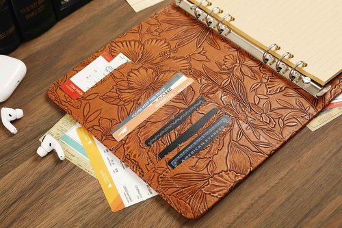 Patterned Leather Portfolio Binder 6 Ring, A5 Planner Portfolio for Women, Work Organizer Padfolio for Men, Brown
