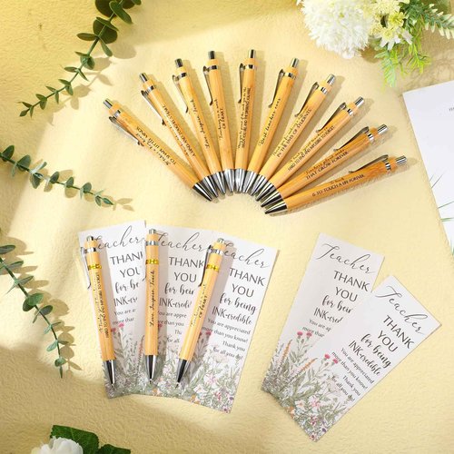 Spakon 80 Set Teacher Appreciation Gifts Include 80 Bamboo Pens and 80 Cards with Gold Cable Tie for Teachers' Day Teacher Appreciation Week Gift Staff Team Office School Supplies