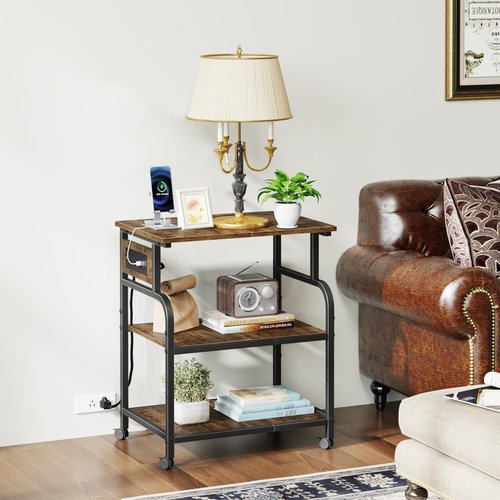 YAOHUOO 3 Tier Large Printer Stand with Power Outlet/Adjustable Storage Shelf, Rolling Cart with Wheels, Printer Table for Home Office 3D Printer/Heat Press/Laster, 22"×15" Rustic Brown