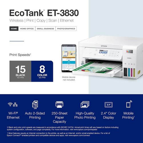 Epson EcoTank ET-3830 Wireless All-in-One Printer - Cartridge-Free, Auto 2-Sided Printing, White