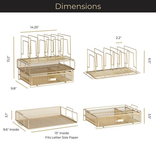 BLU MONACO Gold Desk Organizer, Gold Desk Accessories Set for Women, Includes Detachable File Organizer, Stackable Paper Tray & Drawer, Office Supplies for Desk