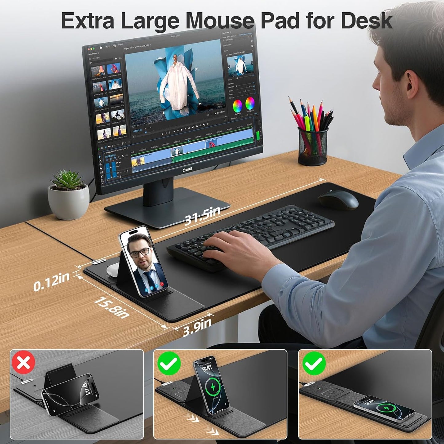 Wireless Charging Mouse Pad - Foldable Phone Holder | Large 31.5"x15.8" Desk Mat, Waterproof & Non-Slip, Black