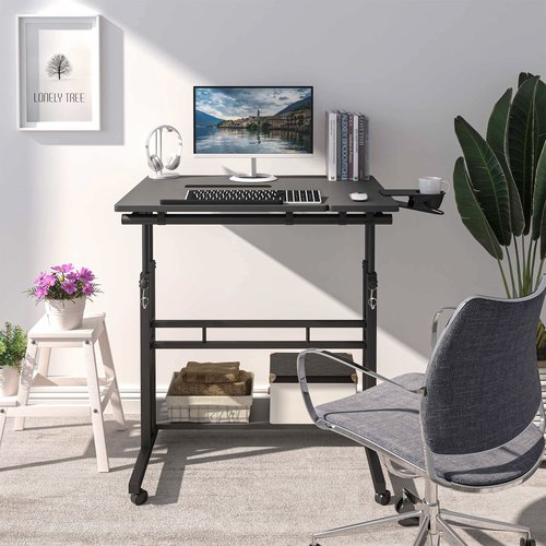 Mobile Standing Desk, Adjustable Rolling Computer Desk with 3 Desktops, Portable Laptop Table with Cup Holder, Home Office Laptop Workstation on Lockable Wheels, Black