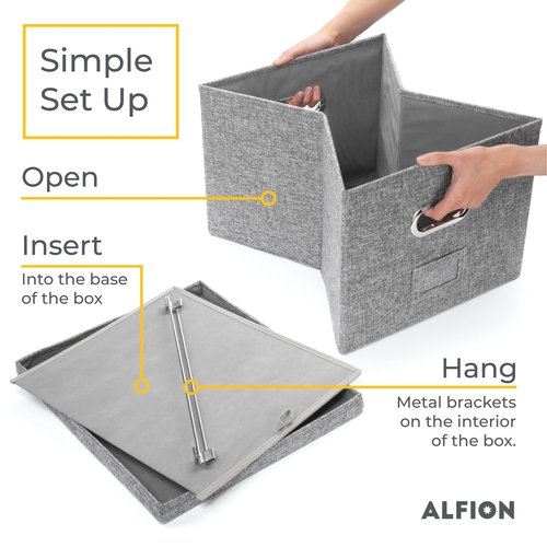 Alfion Hanging File Box 2-Pack | Portable Office Organizer with Lid, Handles, Metal Frame for Letter Size Folders (Gray)