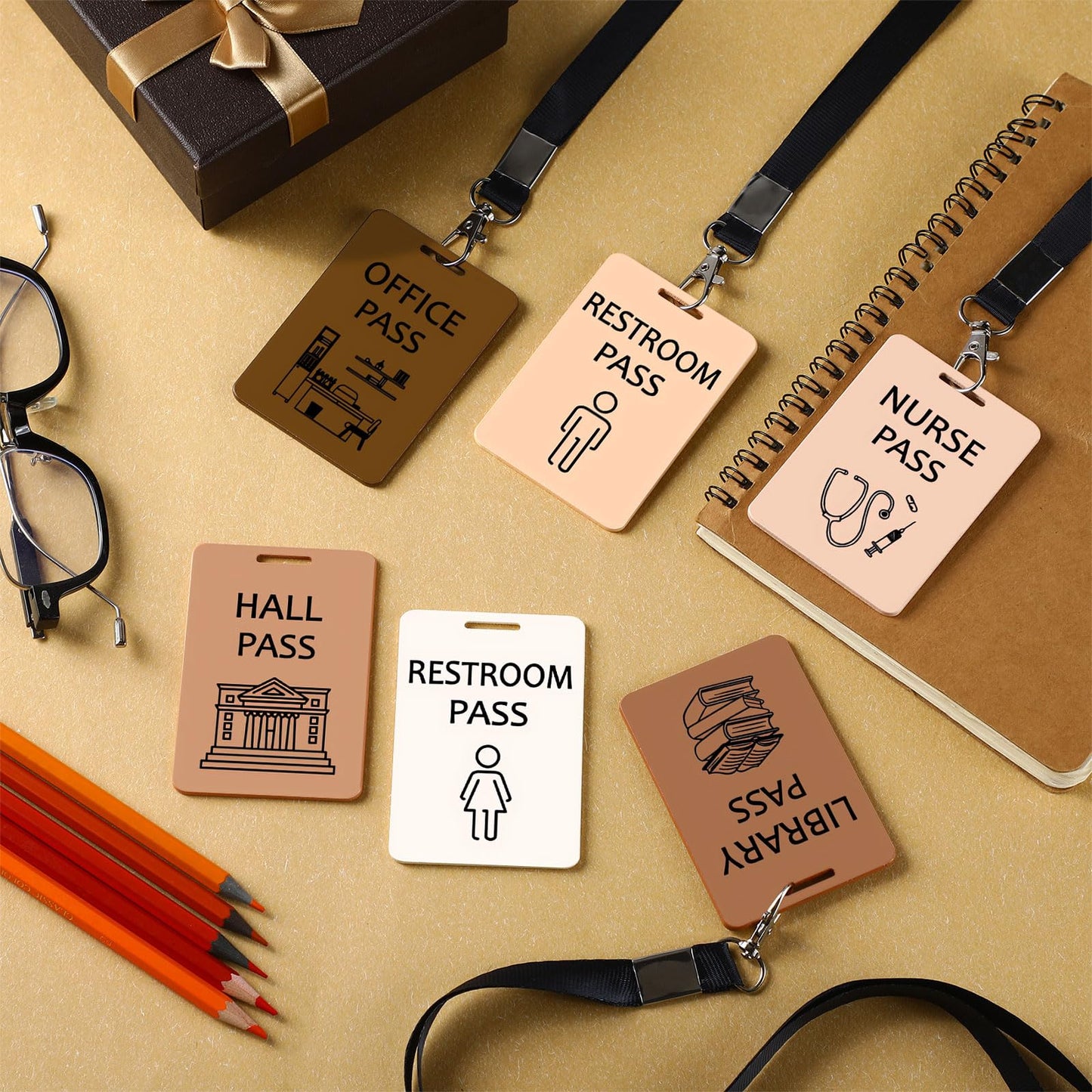 Sabary 6 Sets Hall Pass Lanyards and School Passes Set Unbreakable Wooden Bathroom Passes for Classrooms Hall, Restroom, Library, Office and Nurse School Teacher Supplies Gift(Skin Color)