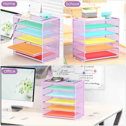 Biciyarn 2 Pack 6 Tier Paper Organizer, Metal Mesh Desk File Folder, Letter Tray Organizer, Paper Sorter Desk Organizers for Office, Home or School File Folder Holder - Purple