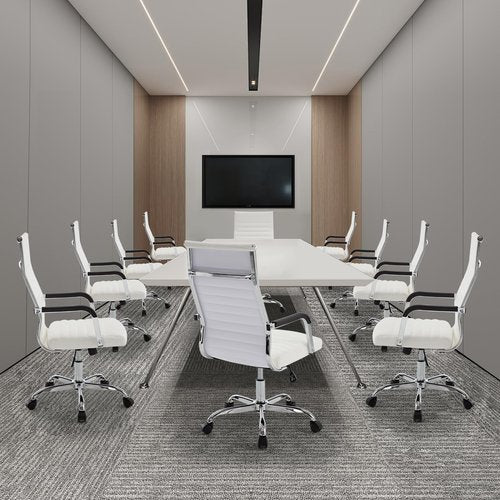 Haranuo Office Chair, Ergonomic Executive Conference Room Chairs, Ribbed Leather Desk Chair with Lumbar Support, Adjustable Height Mid-Back Swivel Chair (Square Tube Armrests, White)