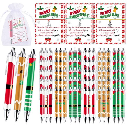 96 Sets Christmas Gift Bulk for Adults Christmas Pens Christmas tree Reindeer Gingerbread Man Bracelets with Organza Bags Information Card For Xmas Tree Decoration Office Home Party Gift Supplies