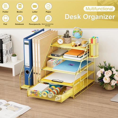 Marbrasse Desk Organizer with File Holder, 5-Tier Desk Organizer and Accessories with Drawer and 2 Pen Holders, Mesh Paper Letter Tray, Desktop Storage for Office Supplies (Gold)