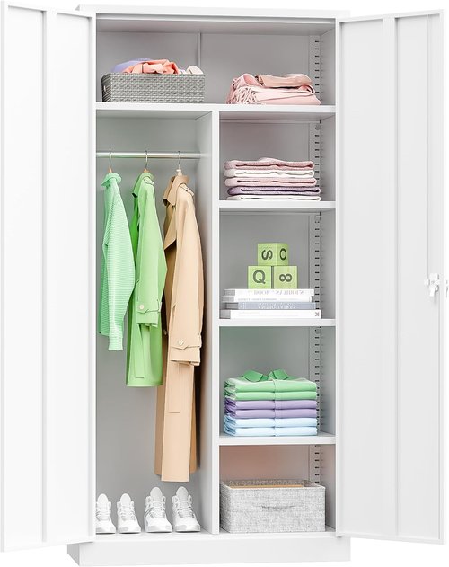 INTERGREAT Metal Wardrobe Closet - 71" White Locking Storage Cabinet with Doors & Shelves for Home, Office, Gym
