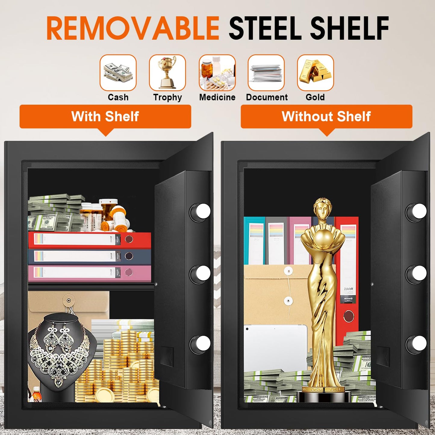 3.4 CUFT Large Home Safes Water and Fireproof, Fire Proof Safes with Spare Key and Electronic Keypad, Floor Safe with Removable Shelf, Safes for Home Use Fire and Water Proof