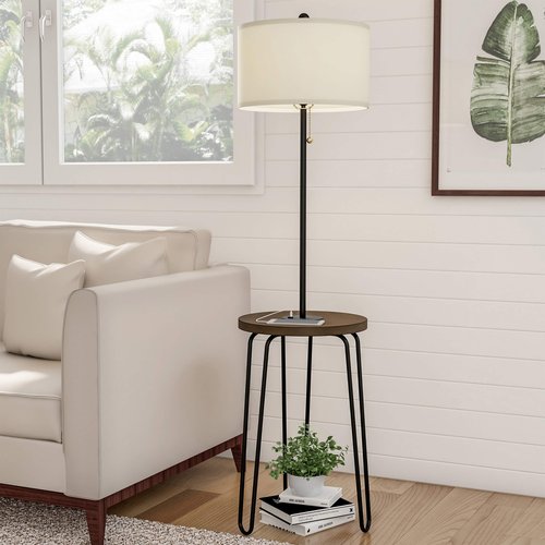 Floor Lamp with Table - Mid-Century Modern Nightstand or Side Table with USB Port and Hairpin Legs - Standing Light with Shelves by Lavish Home
