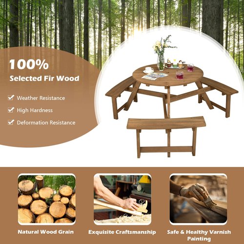 Tangkula 6 Person Wooden Picnic Table, Outdoor Round Picnic Table with 3 Built-in Benches, 1.5 Inch Umbrella Hole, Outside Wood Table and Bench Set for Garden, Backyard, Porch (Dark Brown)