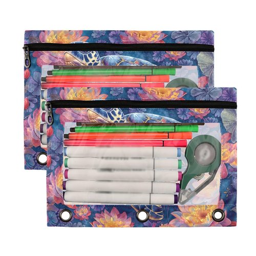 Sea Turtle Pencil Pouch for 3 Ring Binder, Large Pencil Case Pouch with 3 Reinforced Grommets, Pen Bag, Clear Window Pencil Case, Binder Accessories, 2 Pack