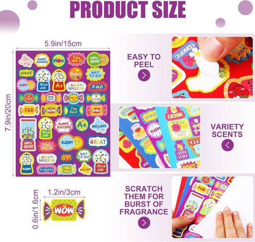Eersida 750 Pcs Scented Reward Stickers - Motivational Scratch & Sniff for Kids | Classic Dessert Scents