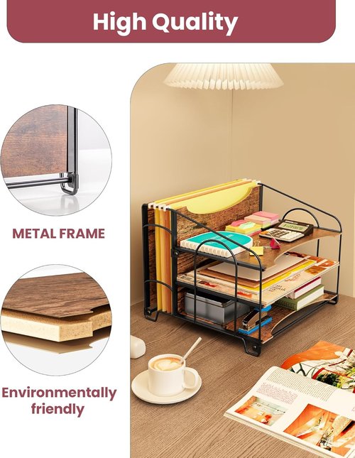 Oterri Wood Desk File Organizer - 3-Tier Metal Paper Tray with Folder Holders | Office & Home Use