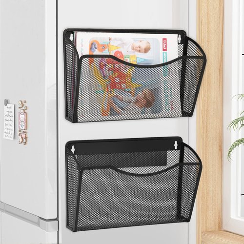 AZFUNN Magnetic Wall File Holder, Hanging Mounted Paper Mail Organizer, Vertical Pockets File Folder Document Basket for Office, Home, Classroom, Black (1 pack)