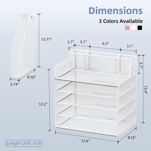 SUPEASY Desk Organizer with File Holder, 5 Tier Desktop File Organizer with 3 Pen Holders, Paper Letter Tray for Office Home Organization & Storage, Mesh Desk Accessories & Supplies, White